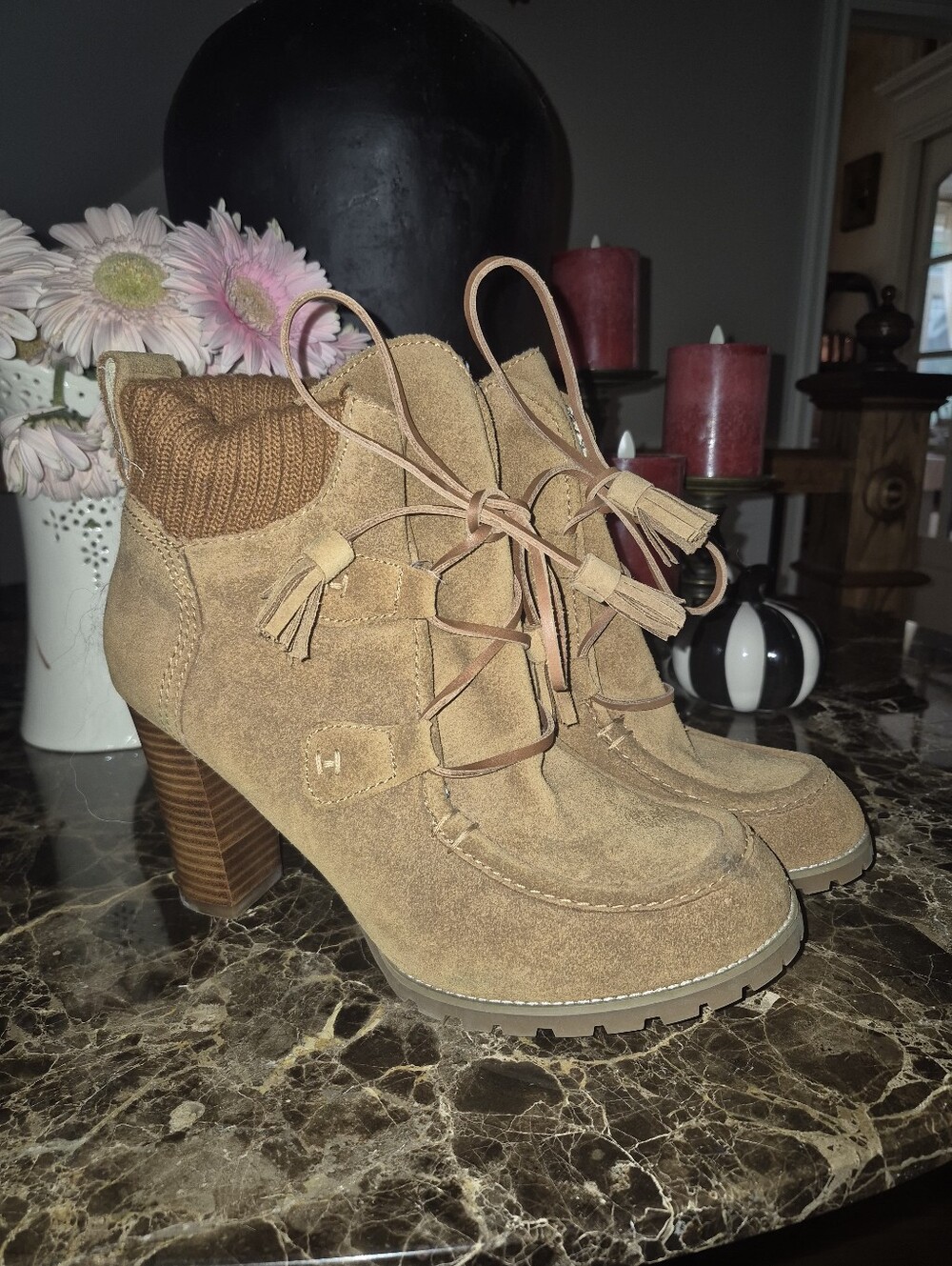 tommy hilfiger suede Tassel Lace-Up Ankle Boots in Tan